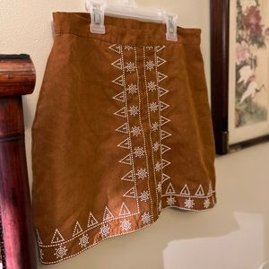 Brown & White Embroidered Mini Skirt